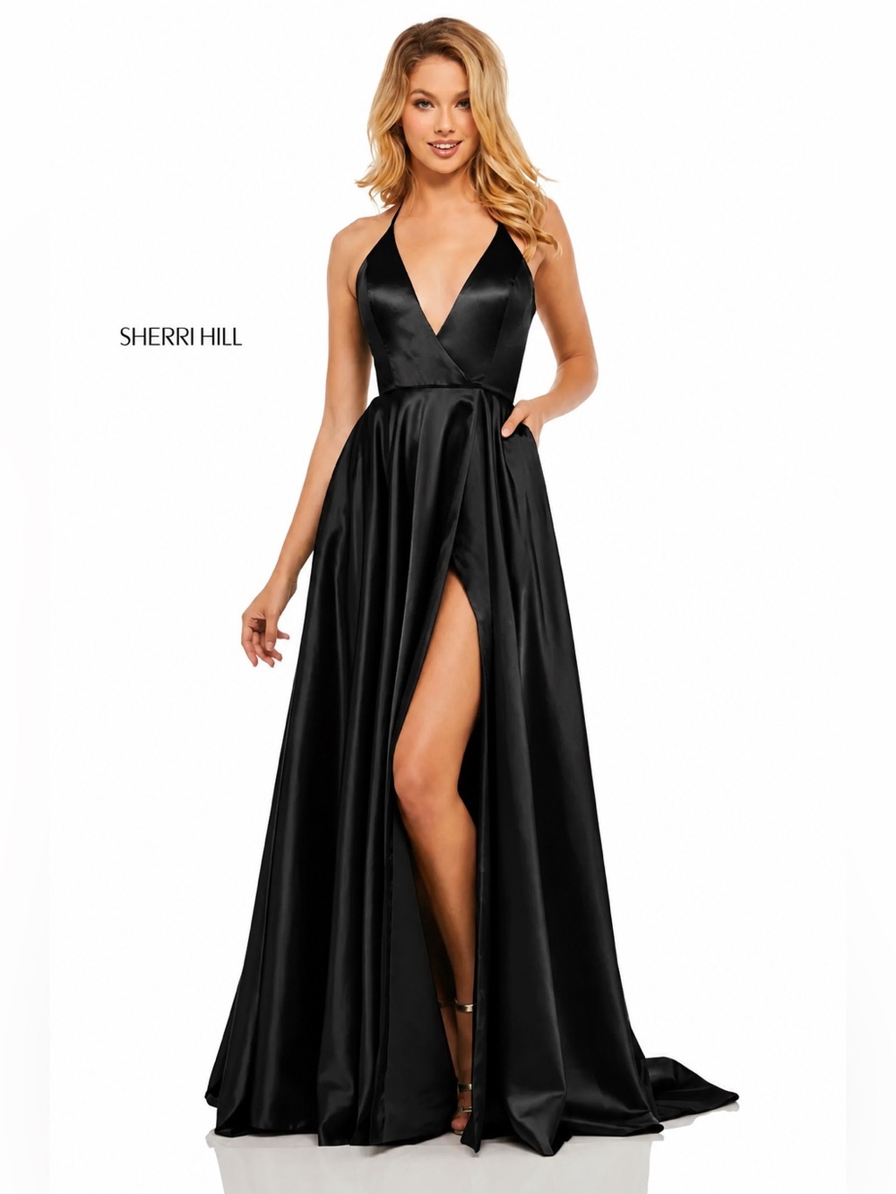 Sherri Hill Black Satin Plunge Halter Prom Gown with Thigh Slit